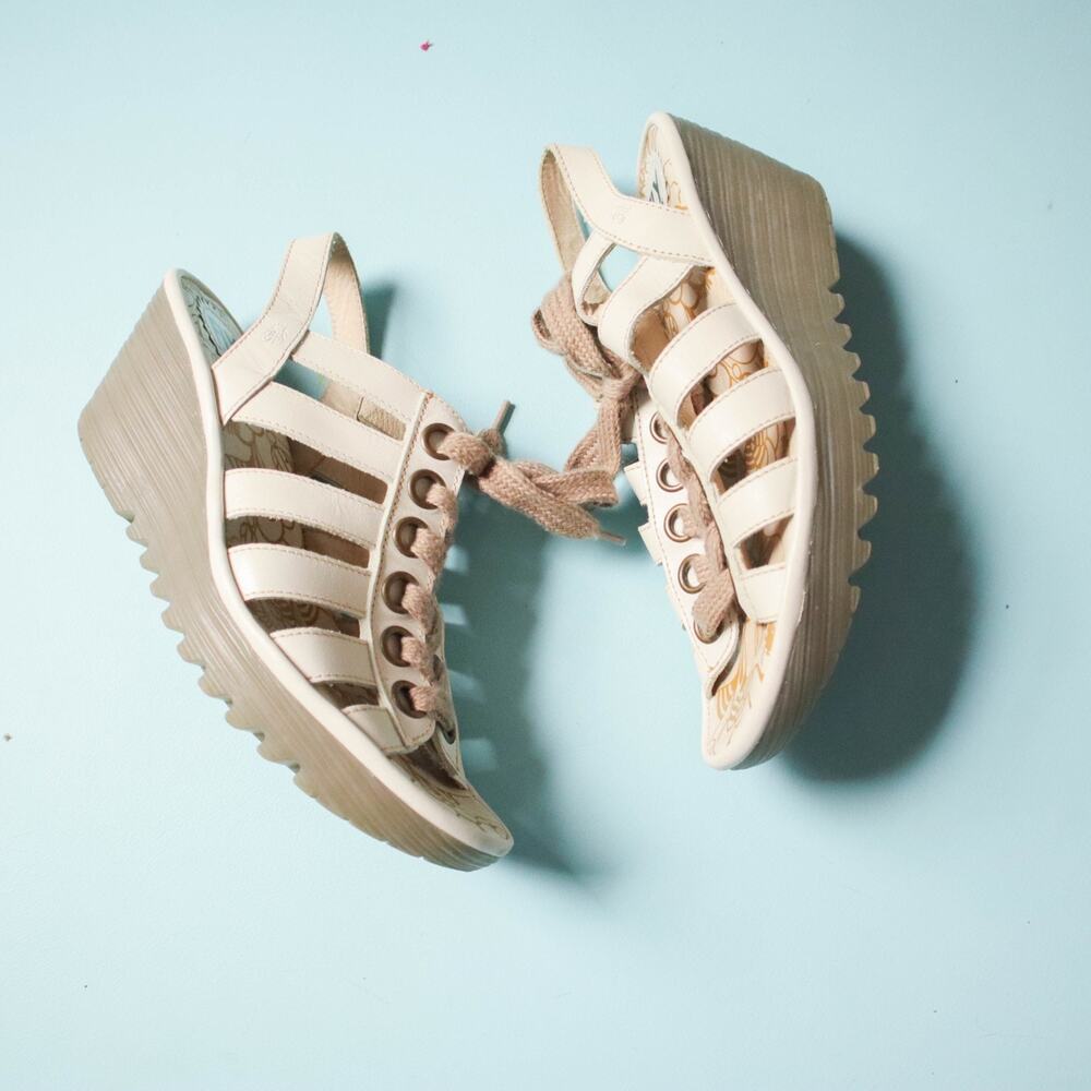 Fly London Criss Cross Strappy Gladiator Wedge Heels Lace Up Womens EU 40 Cream - Picture 2 of 6
